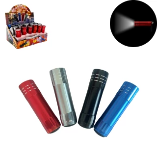 LAMPE DE POCHE METAL 8.5CM 9 LEDS AVEC PILES 4 COULEURS ASSORTIES