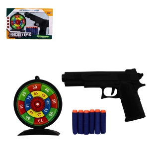 PISTOLET FLECHES EN MOUSSE 18CM + CIBLE