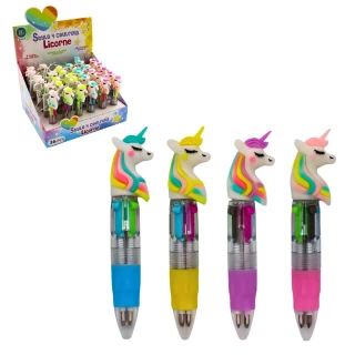 STYLO BILLE 4 COULEURS LICORNE 10CM 4 MODELES ASSORTIS