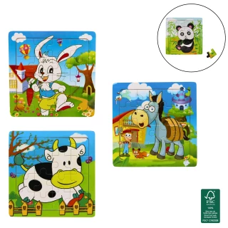 HOLZPUZZLE 15X15CM 16 TEILE 4 SORTIMENT