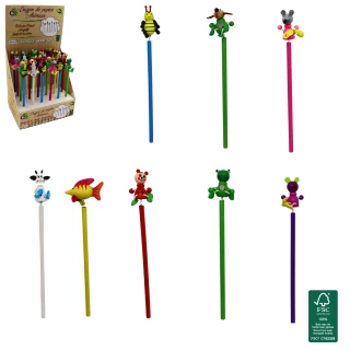 CRAYON A PAPIER EN BOIS 23CM EMBOUT ANIMAL 8 MODELES ASSORTIS