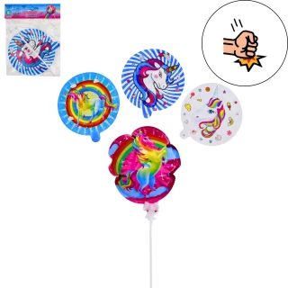 BALLON AUTOGONFLANT LICORNE 32CM + TIGE 4 MODELES ASSORTIS